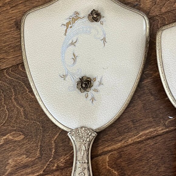 Vintage Vanity Set Mirror& Brush USA Gold Tone Floral Hollywood Regency Boudoir - Picture 7 of 8